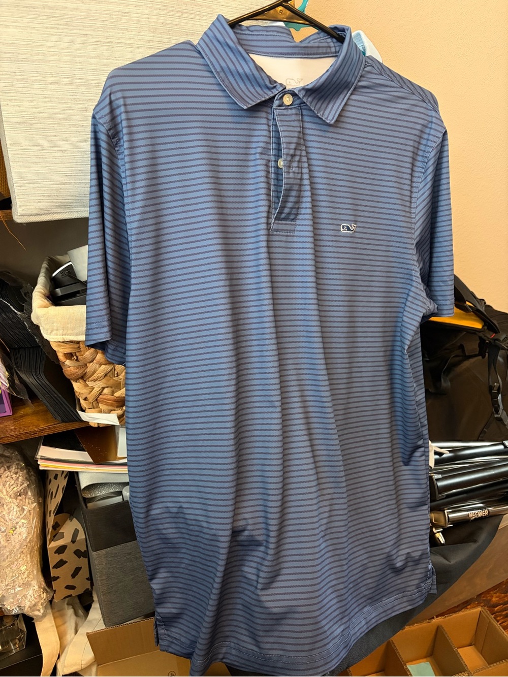 Vineyard Vines Men's Navy and Light Blue Striped Performance Polo